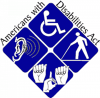 image of Americans with Disabilities Act logo representing hearing, mobility, vision and speaking impairments.