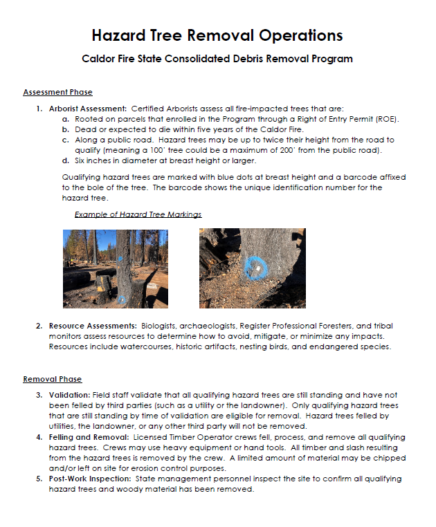 image of Caldor Fire Cal OES Hazard Tree Removal Operations One Pager