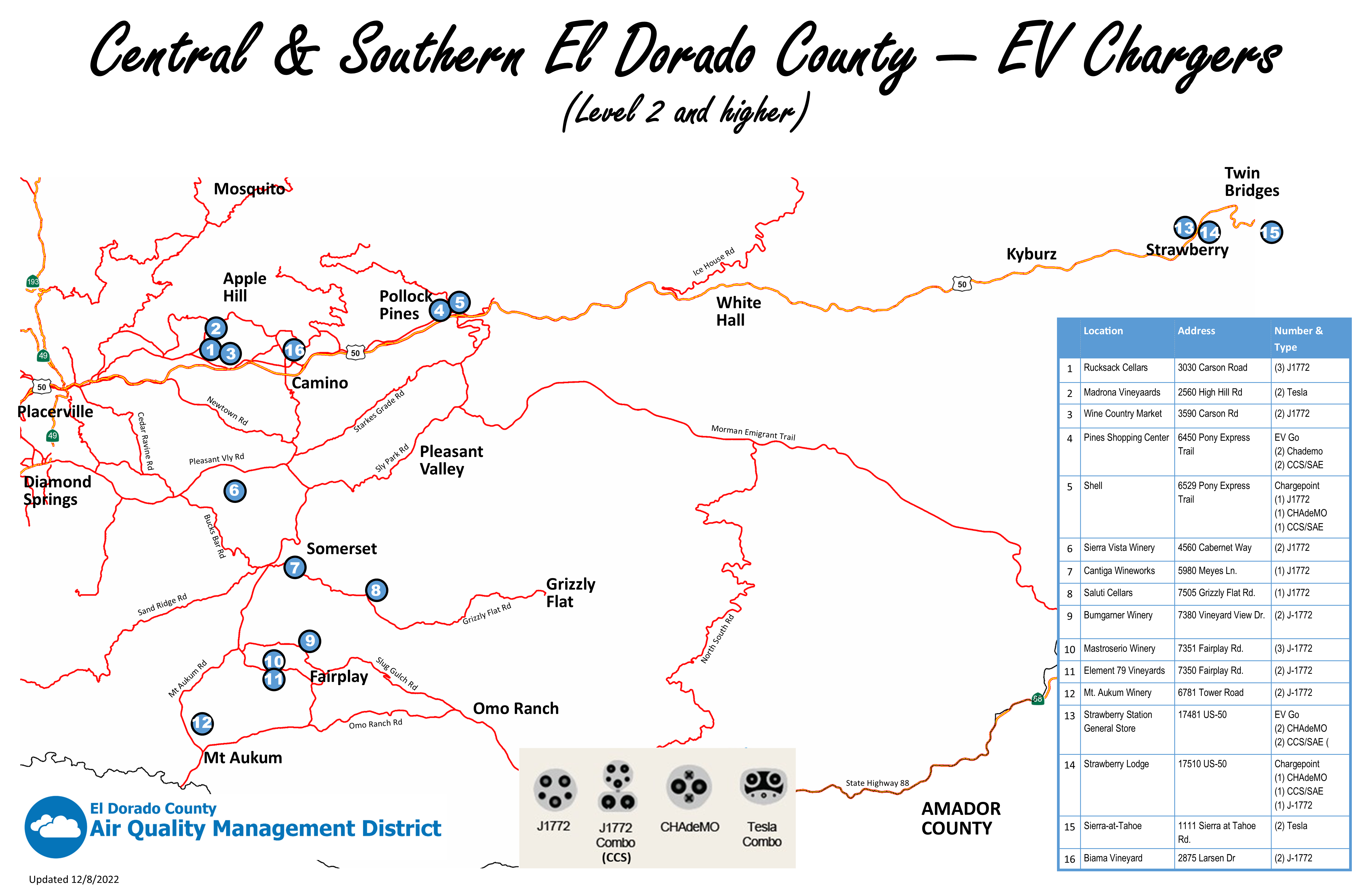 Central-South El Dorado County EV Chargers map