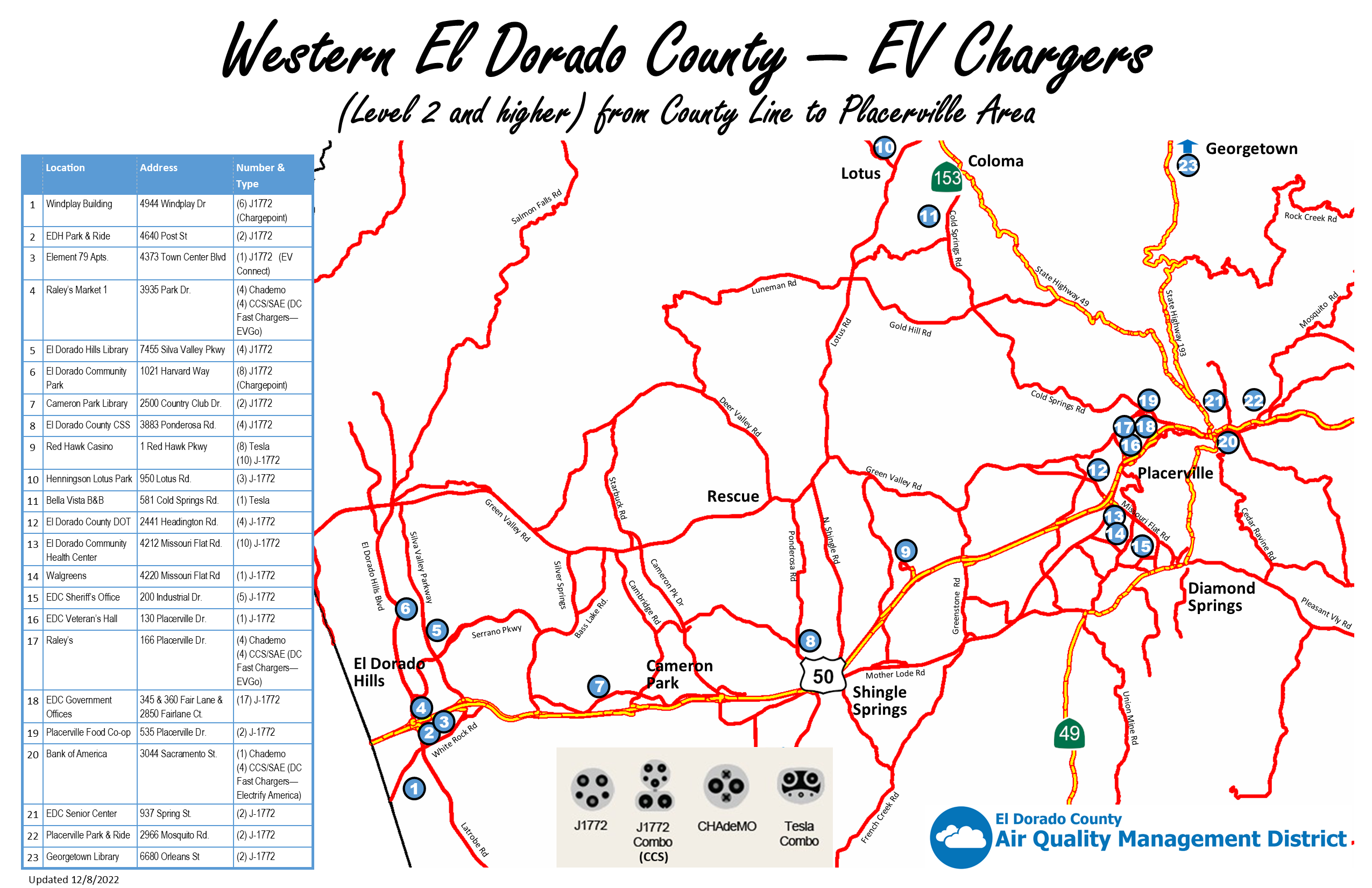 West El Dorado County EV Chargers map